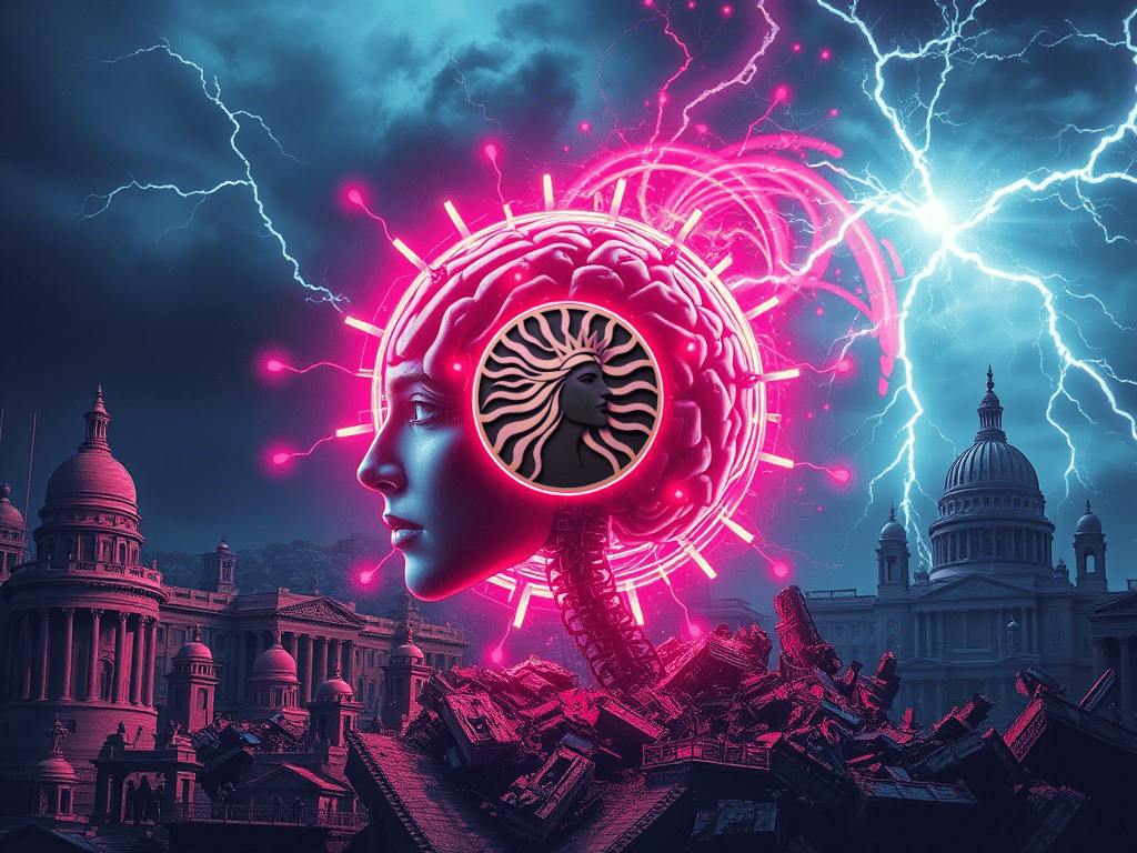 A surreal, neon-lit cityscape features a glowing CL8Y emblem within a radiant brain-like structure amidst lightning and destruction.