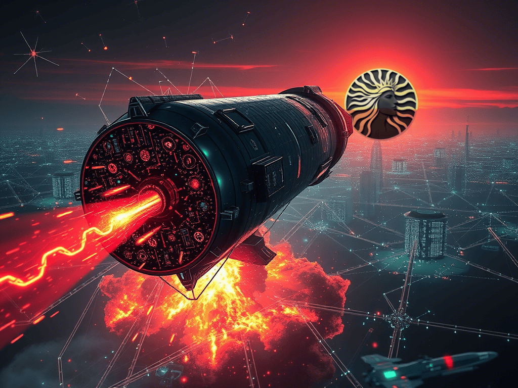 A futuristic spacecraft unleashes a fiery blast over a glowing cityscape, with the CL8Y emblem prominently displayed in the sky.