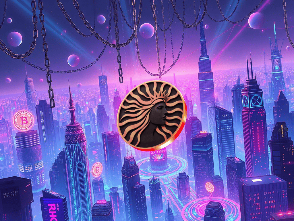 A futuristic cityscape glows with neon lights and floating chains, centered by a radiant CL8Y emblem.