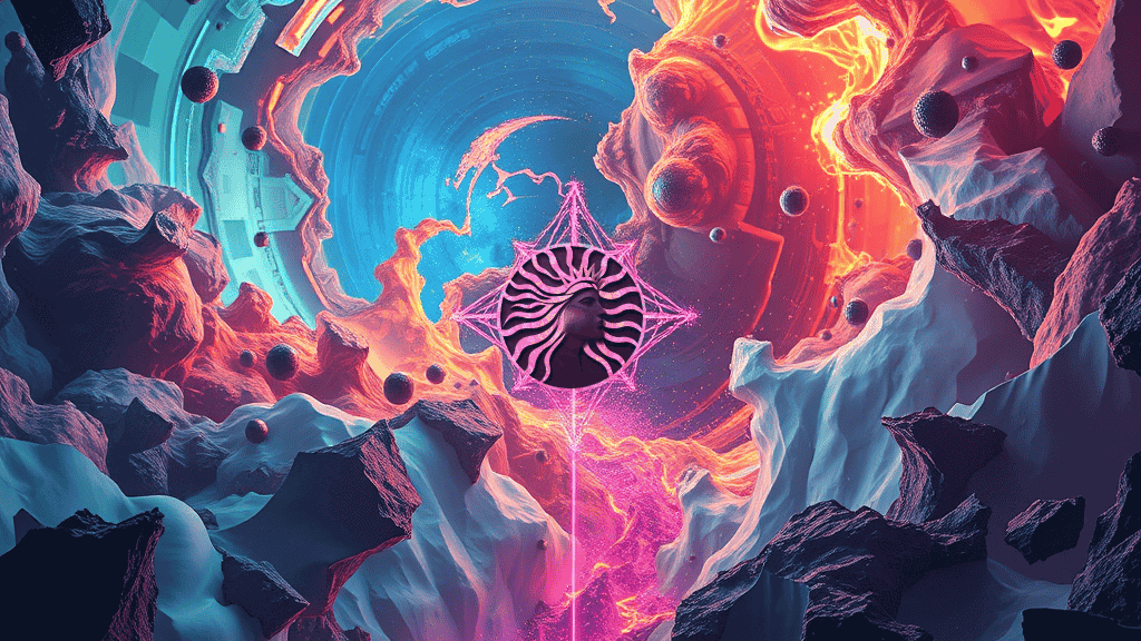 A surreal, cosmic landscape features a central glowing pyramid with the CL8Y logo, surrounded by jagged rock formations and vibrant, swirling colors. 