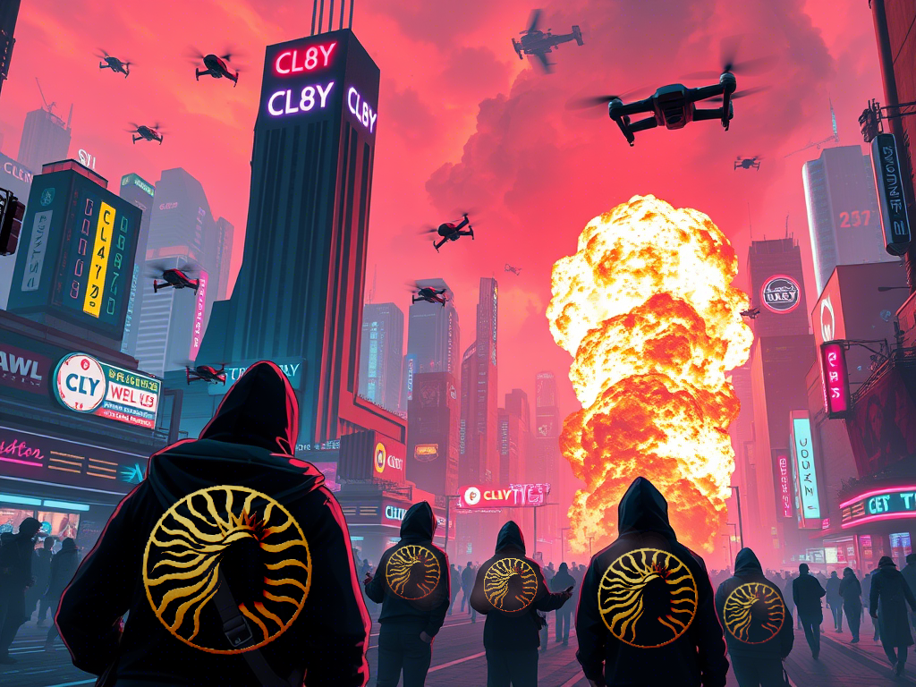 Futuristic cyberpunk city with CL8Y text on skyscrapers, and army of CL8Y holders running into a fiery explosion