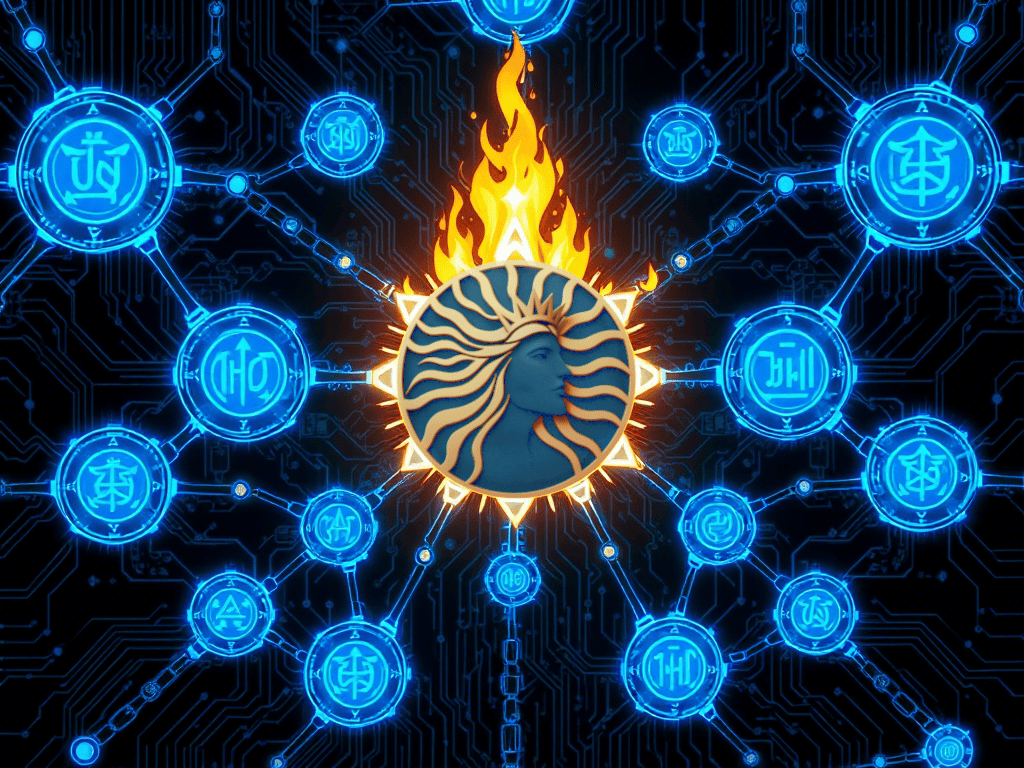 A glowing CL8Y emblem radiates fiery energy at the center of a blue, circuit-like network with interconnected symbols.