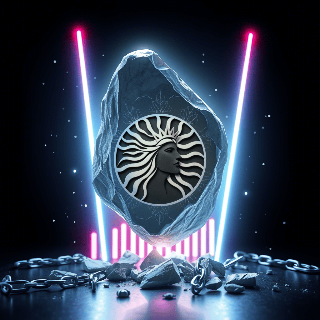 A mystical stone with a radiant CL8Y emblem floats between glowing beams, surrounded by chains and shattered fragments.