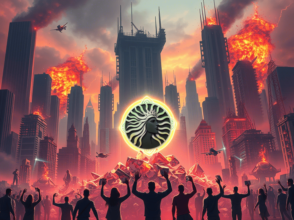 A chaotic cityscape erupts in flames and destruction, with a glowing CL8Y emblem at the center surrounded by people raising their hands.