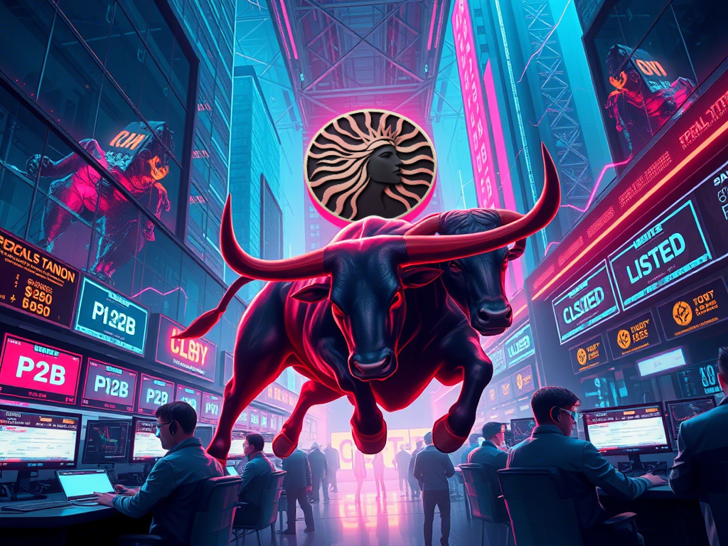 Double headed bull charges through a skyscraper with a floating CL8Y emblem above, surronded by cyberpunk watch screens flashing "P2B LISTED"